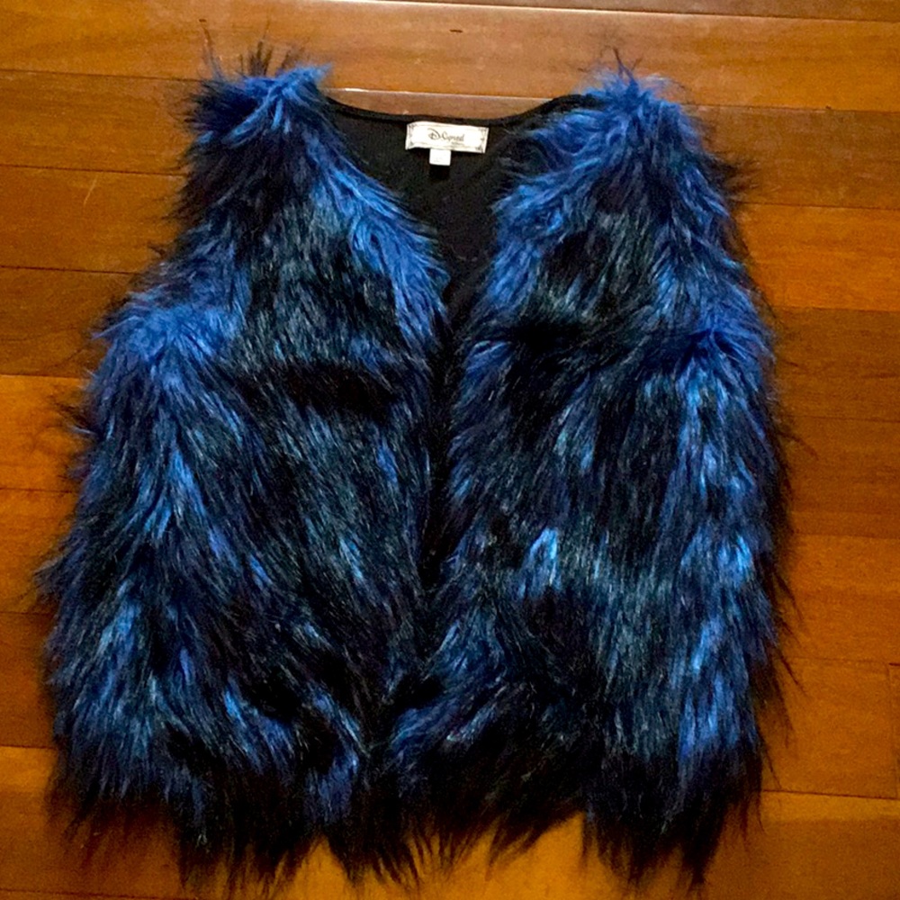 Blue and Black Faux Fur Vest